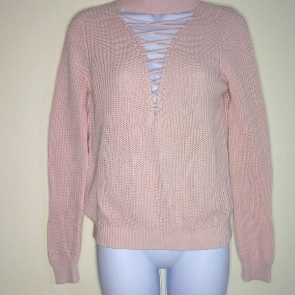 Light Pink Criss Cross Choker Neck Sweater - Picture 3 of 9